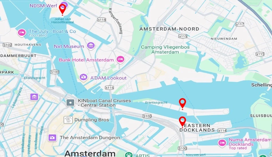 A map of Amsterdam marking the places where the ships can be seen.