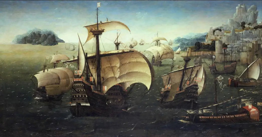 A painting of a fleet of ornate sailing ships near a rocky shore with fortress in the background.