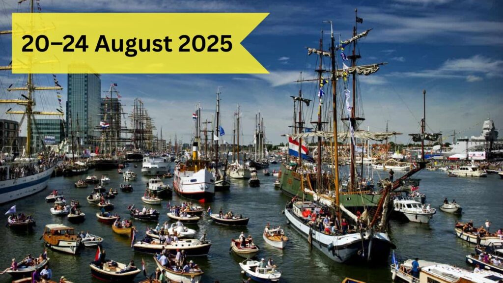 Sail Amsterdam 2025 dates Huge number of ships and boats sailing in water and a date on top of the image.