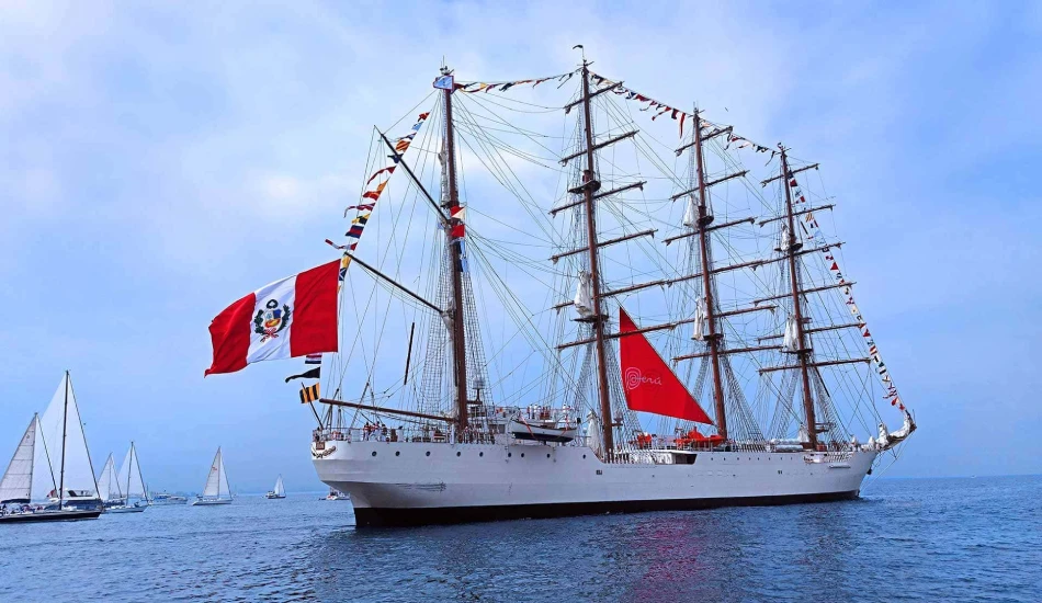 bap-union-ship-from-peru The Peruvian tall ship B.A.P. Unión sailing with full masts and national flag.