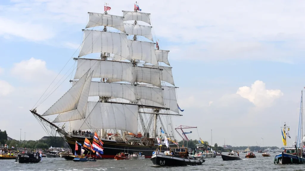 sail-amsterdam-tall-ship Tall ship sailing during maritime parade at Sail Amsterdam